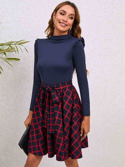 Plaid Tie Waist Ruffle Shoulder Dress