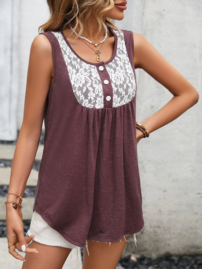 Lace Contrast Scoop Neck Tank