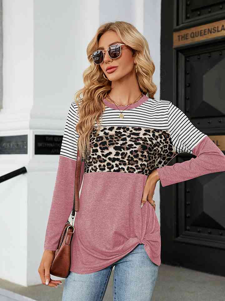 Color Block Round Neck Long Sleeve Blouse