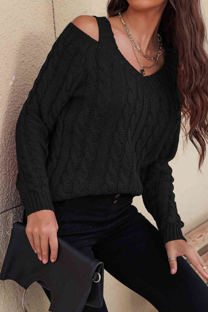 Woven Right Cable-Knit Cold-Shoulder Long Sleeve Sweater