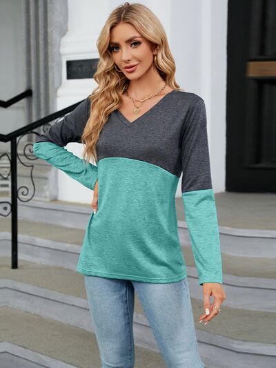 Color Block V-Neck Long Sleeve T-Shirt