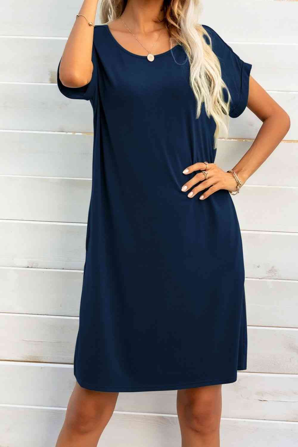 Scoop Neck Short Sleeve Pocket Dress