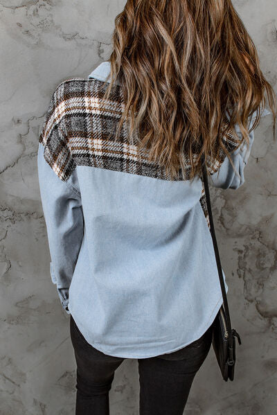 Plaid Pocketed Button Up Denim Jacket