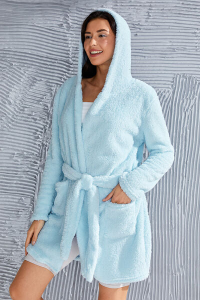 Fuzzy Tied Pocketed Hooded Lounge Nightgown