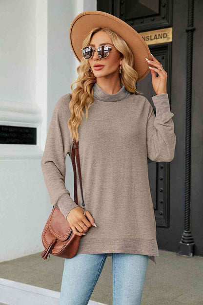 Turtle Neck Long Sleeve Slit Blouse