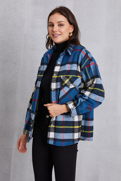 Plaid Button Up Dropped Shoulder Jacket