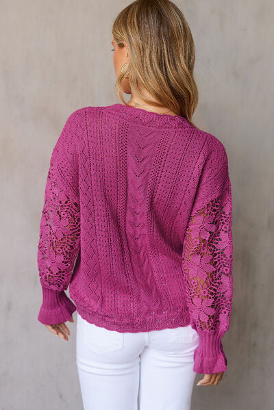 Openwork Lantern Sleeve Dropped Shoulder Sweater