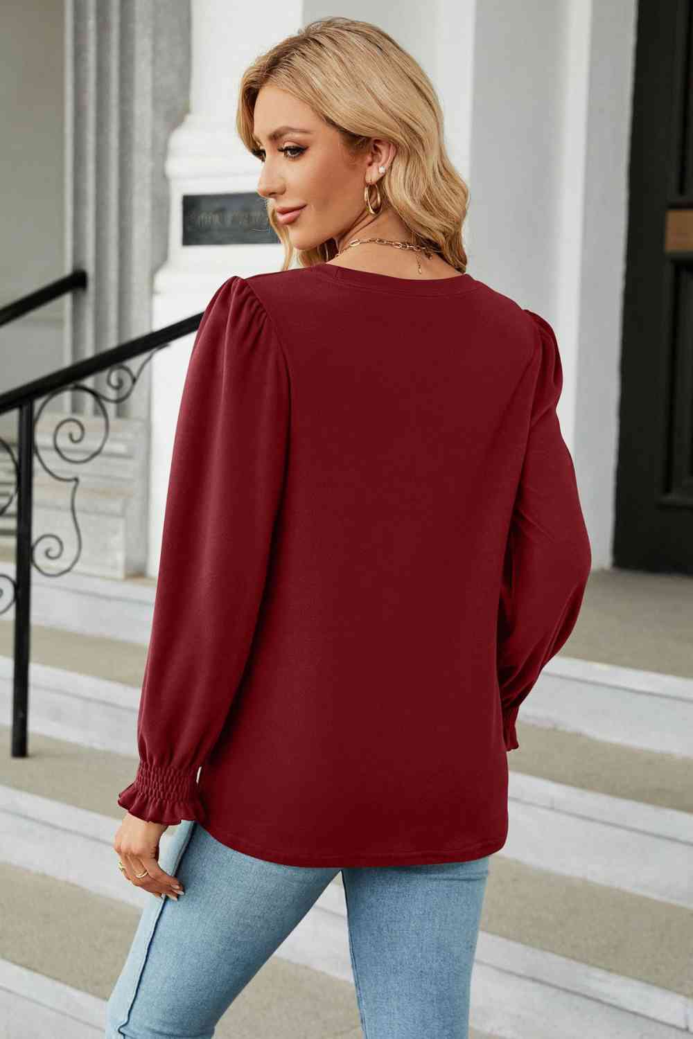 Round Neck Smocked Flounce Sleeve Blouse