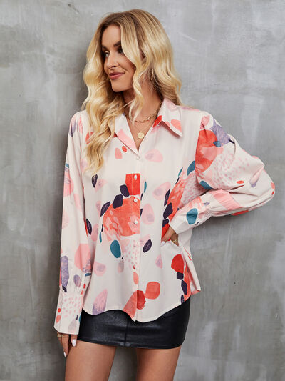 Printed Button Up Lantern Sleeve Shirt