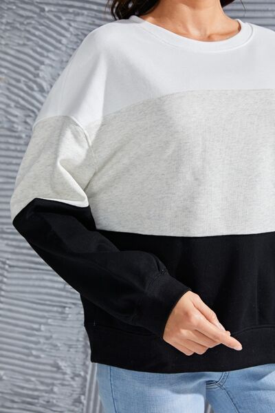 Color Block Round Neck Long Sleeve Sweatshirt