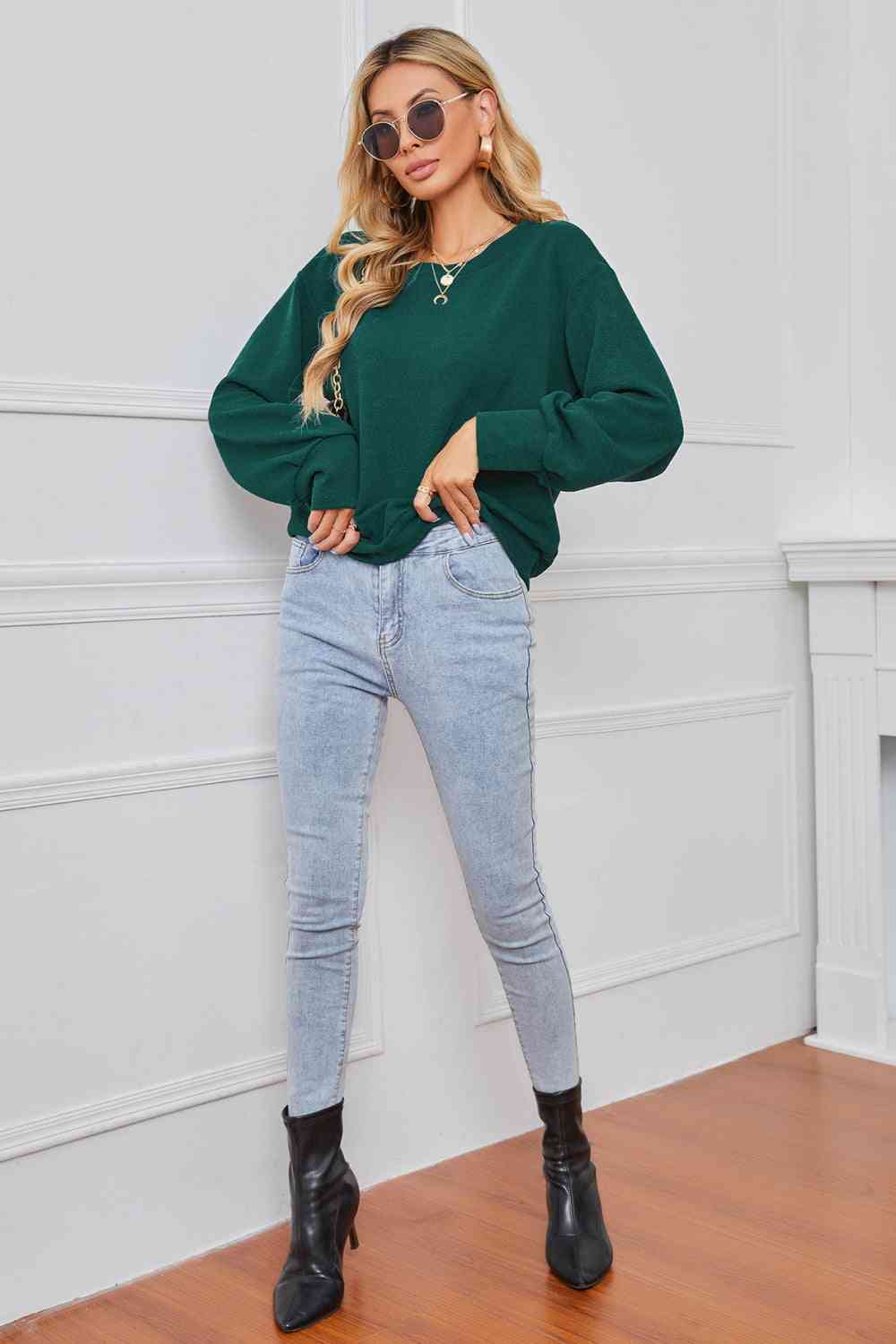 Double Take Round Neck Dropped Shoulder Pullover Sweater