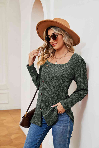 Decorative Button Slit Square Neck Top