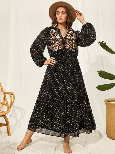 Plus Size Embroidered Tassel Balloon Sleeve Dress