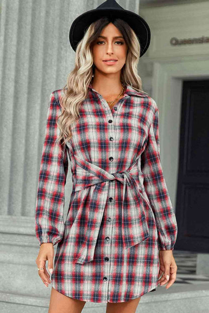 Plaid Tie Front Mini Shirt Dress