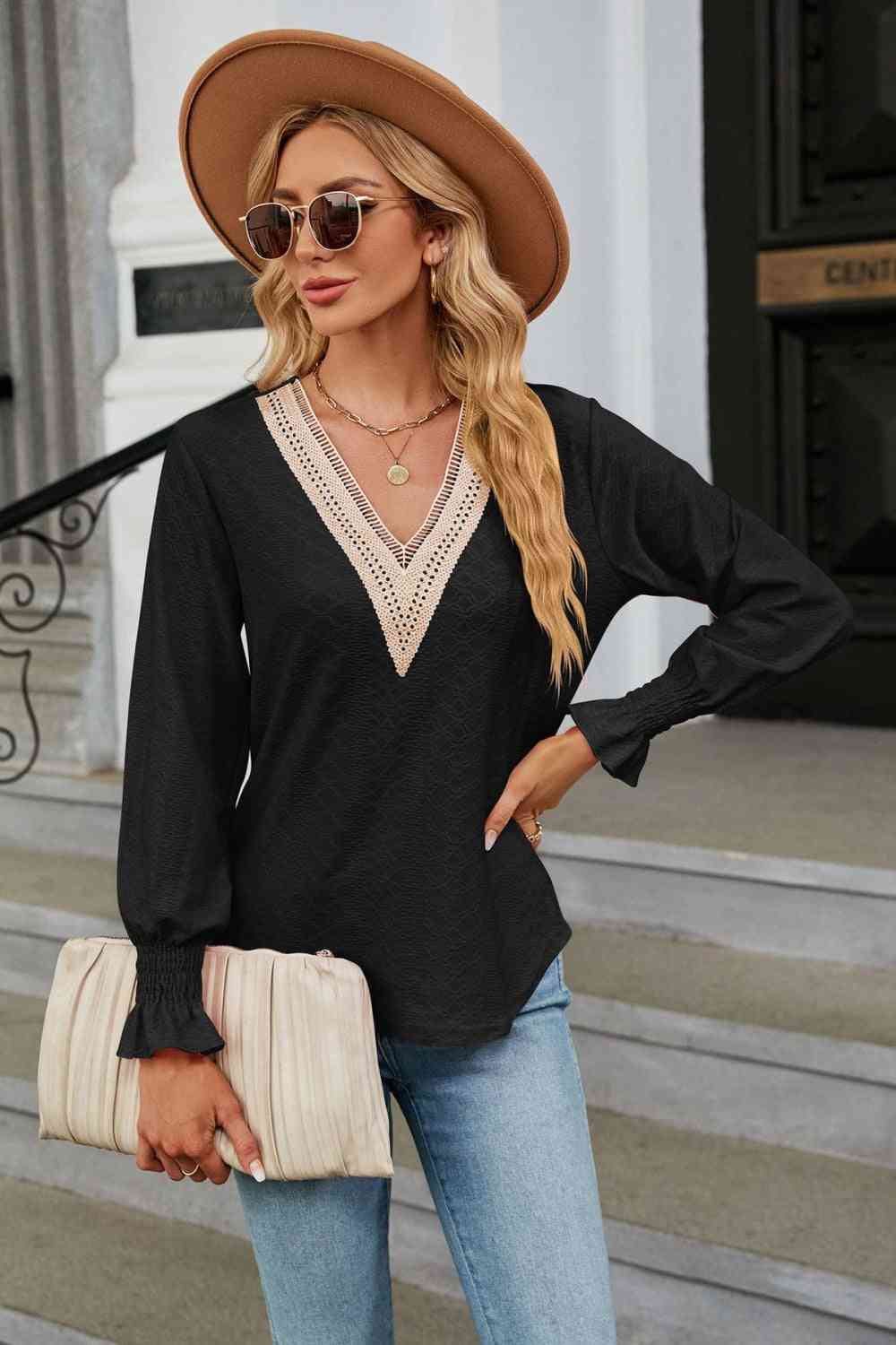 V-Neck Flounce Sleeve Blouse