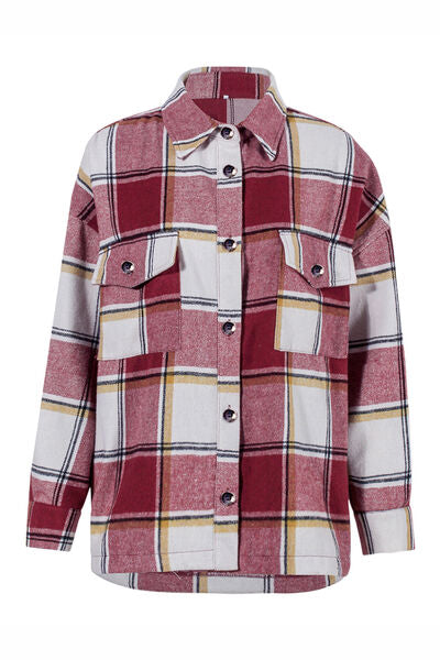 Plaid Pocketed Dropped Shoulder Coat