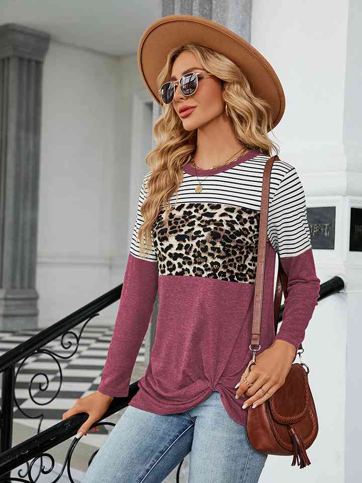 Color Block Round Neck Long Sleeve Blouse