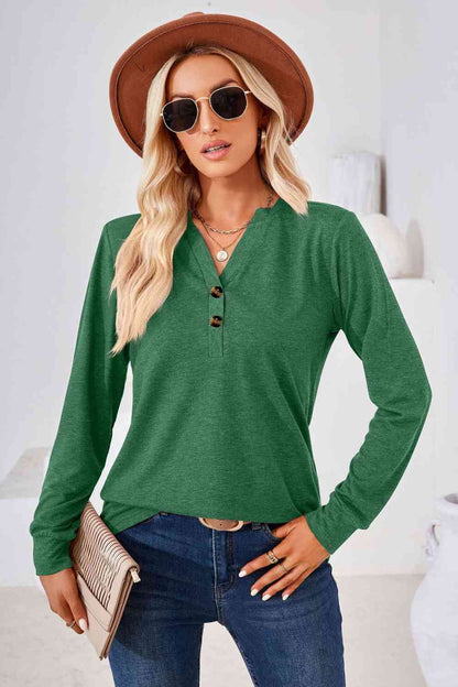 V-Neck Buttoned Long Sleeve Blouse