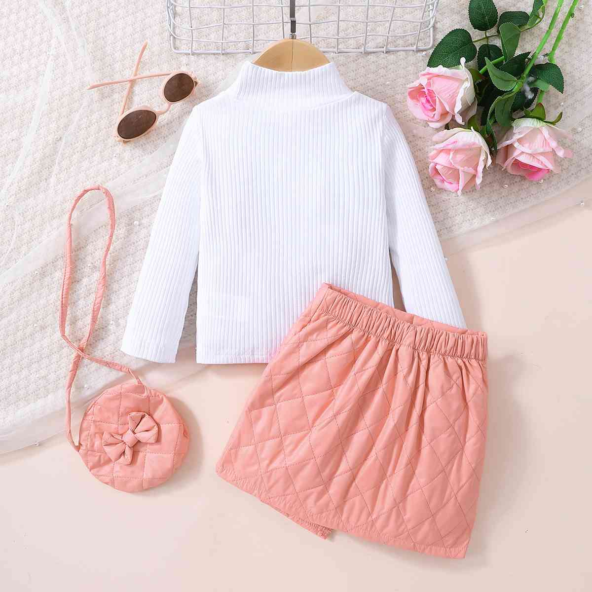 Girls Knit Top and Decorative Button Skirt Set with Bag