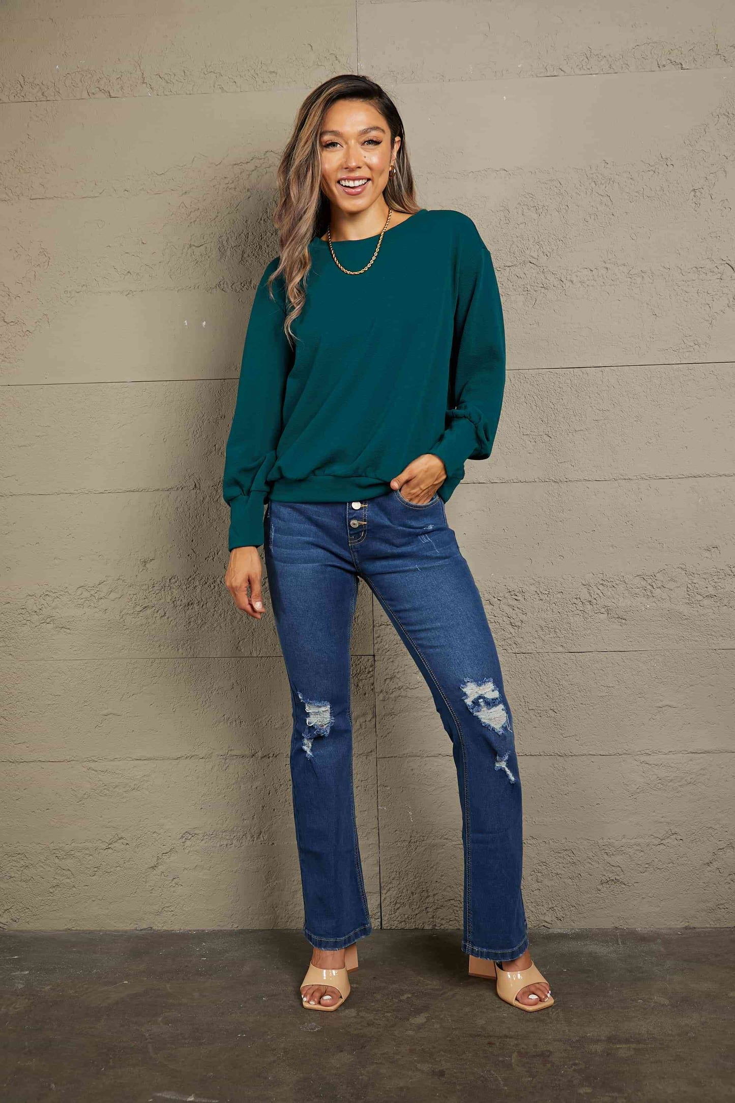 Double Take Round Neck Dropped Shoulder Pullover Sweater