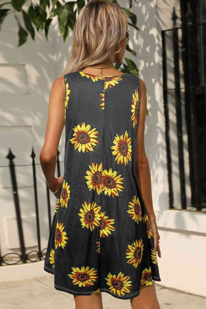 Printed Round Neck Sleeveless Dress with Pockets