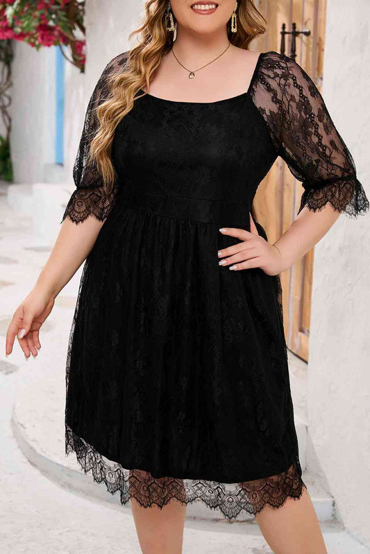 Plus Size Lace Flounce Sleeve Square Neck Dress