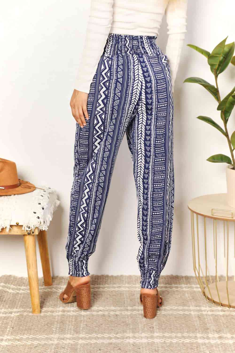 Double Take Geometric Print Tassel High-Rise Pants