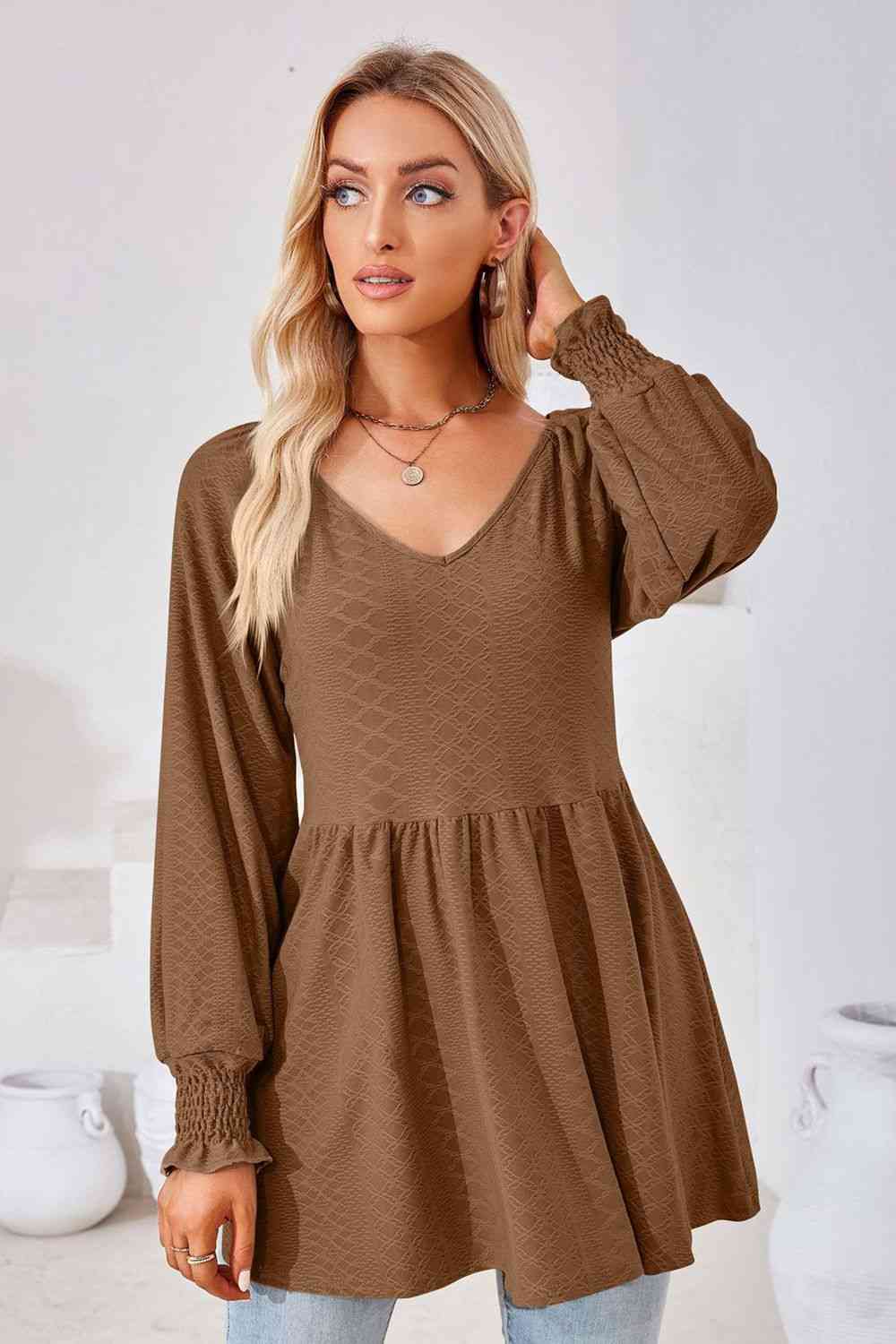 V-Neck Lantern Sleeve Blouse