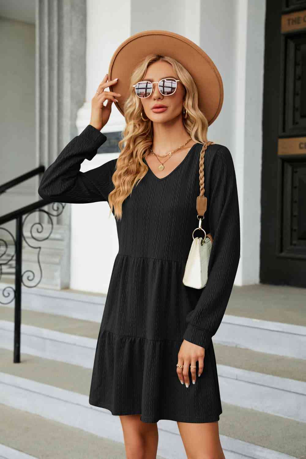 V-Neck Long Sleeve Mini Dress