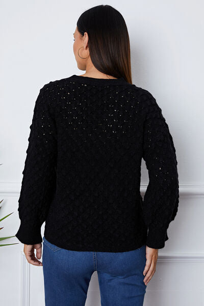 Openwork Round Neck Long Sleeve Sweater