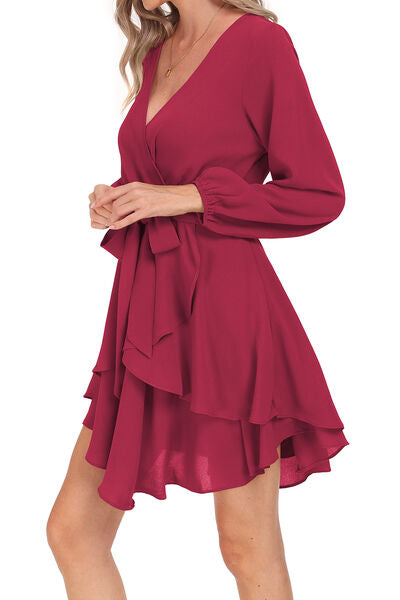 Tied Surplice Balloon Sleeve Layered Dress