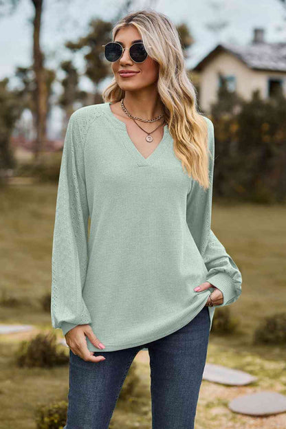 Notched Neck Raglan Sleeve Blouse