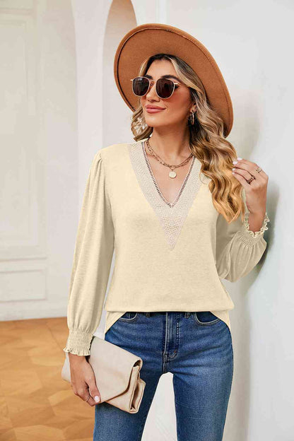 Contrast V-Neck Long Sleeve Top