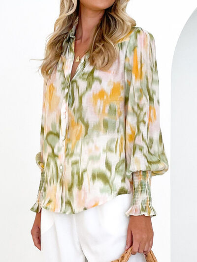 Printed Lantern Sleeve Button Up Shirt