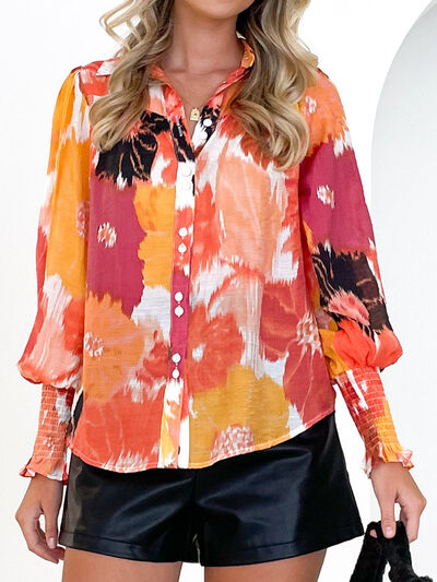 Printed Lantern Sleeve Button Up Shirt