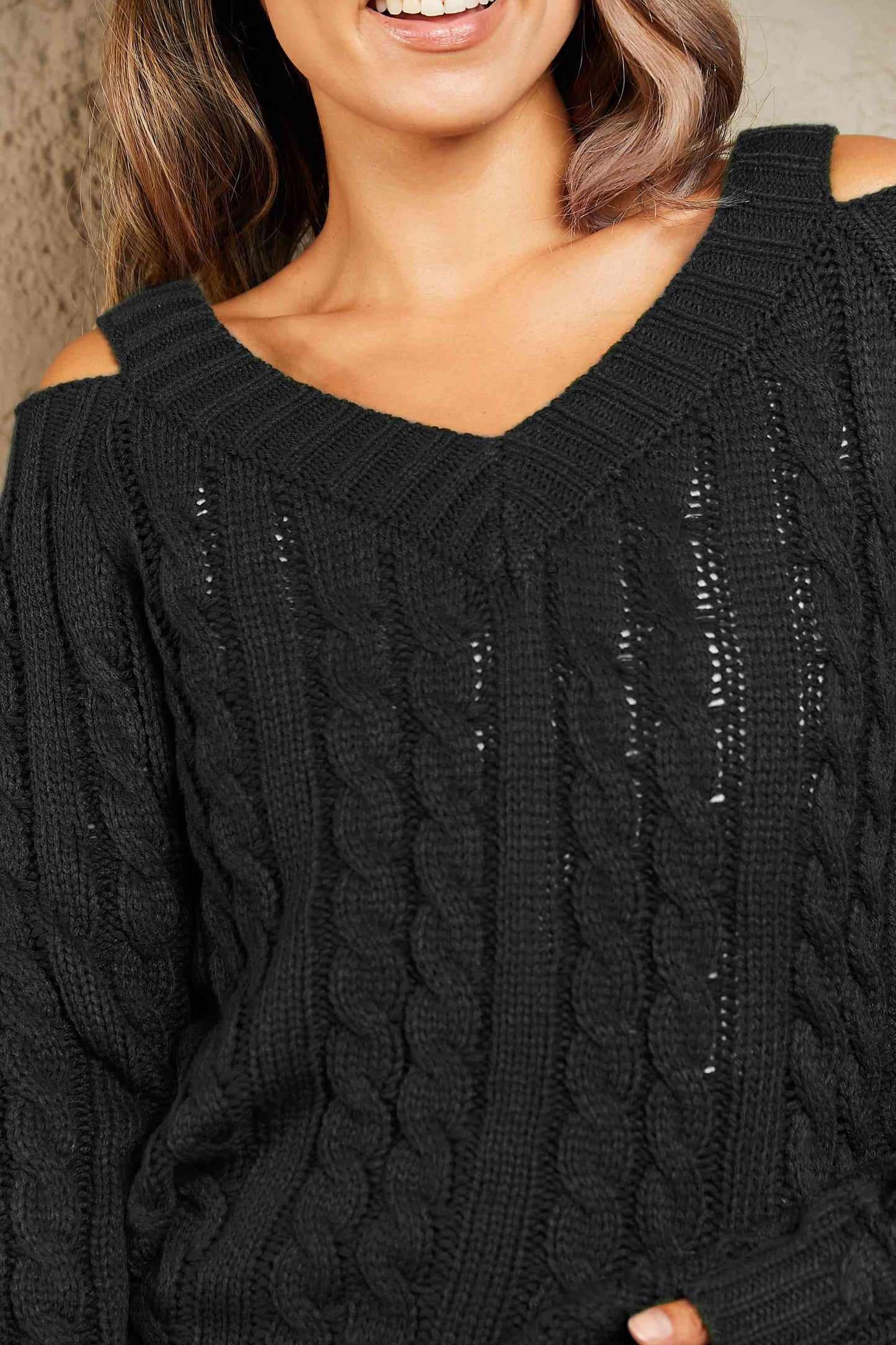 Woven Right Cable-Knit Cold-Shoulder Long Sleeve Sweater