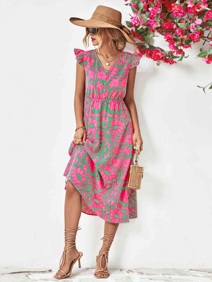 Floral V-Neck Cap Sleeve Dress