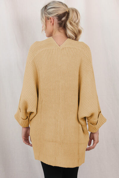 Waffle-Knit Long Sleeve Cardigan with Pocket