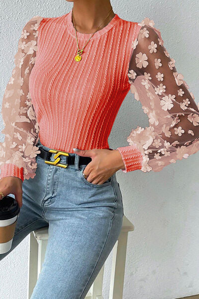 Double Take Textured Applique Long Sleeve Blouse