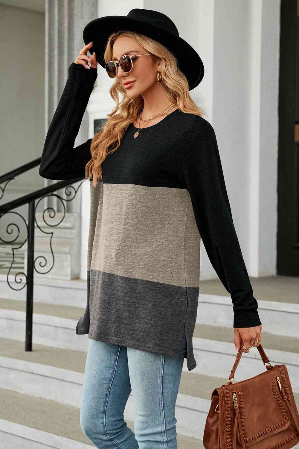 Color Block Round Neck Long Sleeve Slit T-Shirt