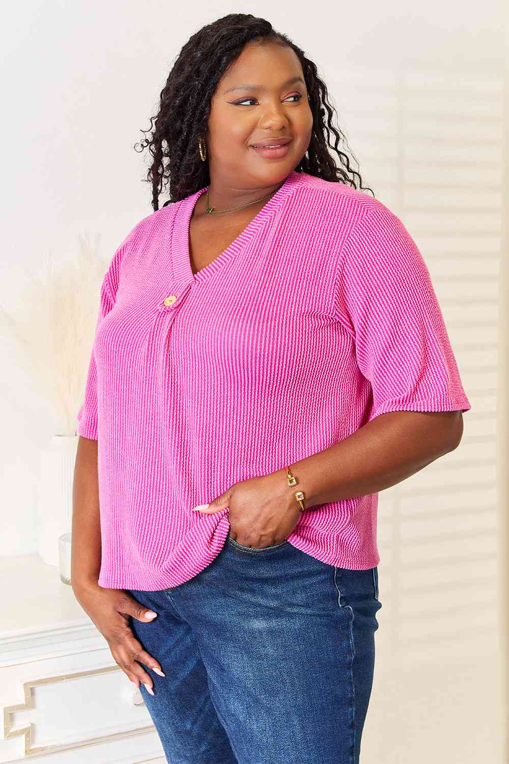 Sew In Love Full Size Ribbed V-Neck Short Sleeve Top