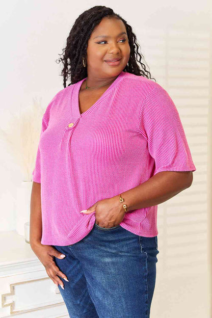 Sew In Love Full Size Ribbed V-Neck Short Sleeve Top