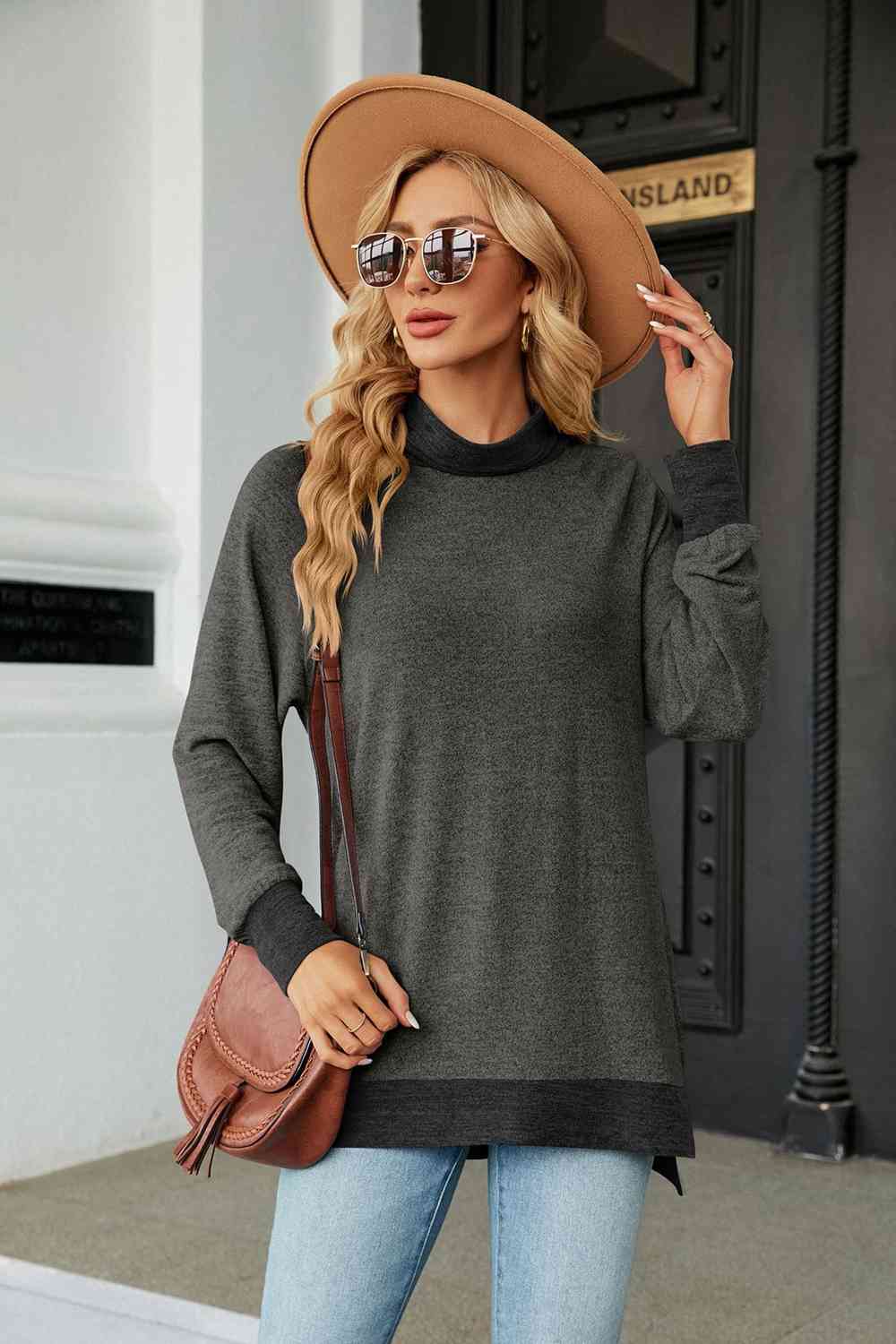 Turtle Neck Long Sleeve Slit Blouse