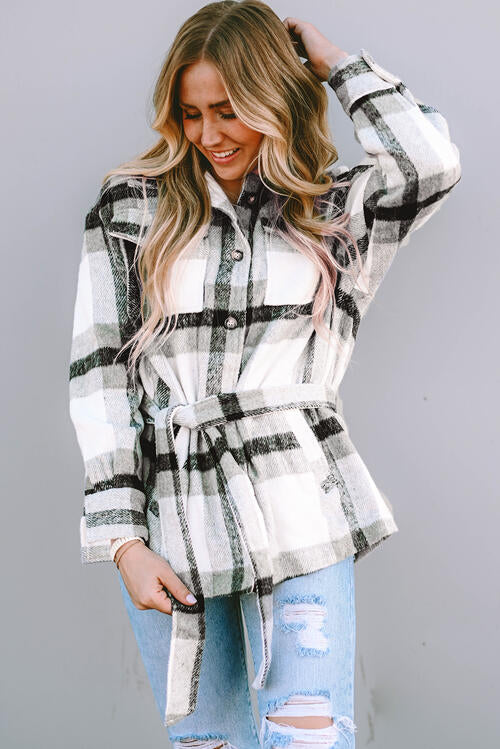 Plaid Tie Front Collared Neck Jacket