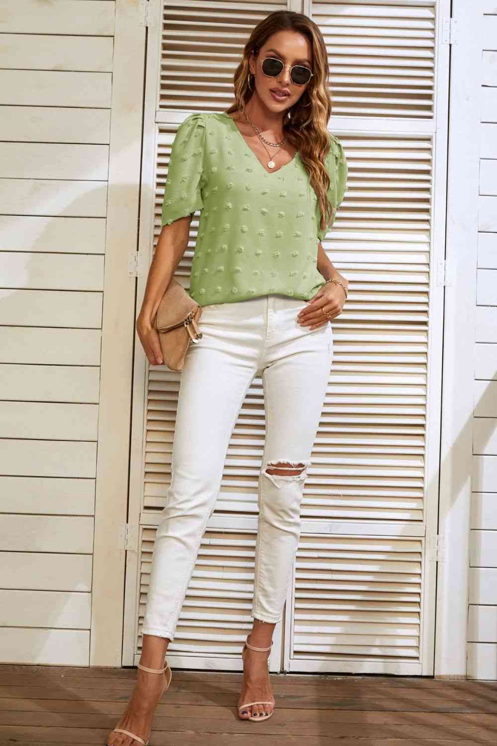 Swiss Dot V-Neck Puff Sleeve Blouse