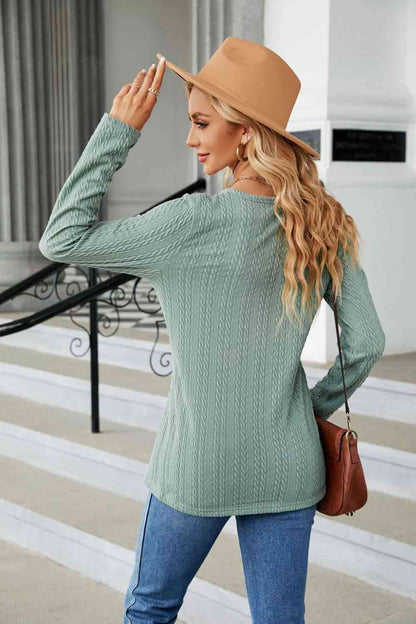 Cable-Knit Long Sleeve V-Neck T-Shirt