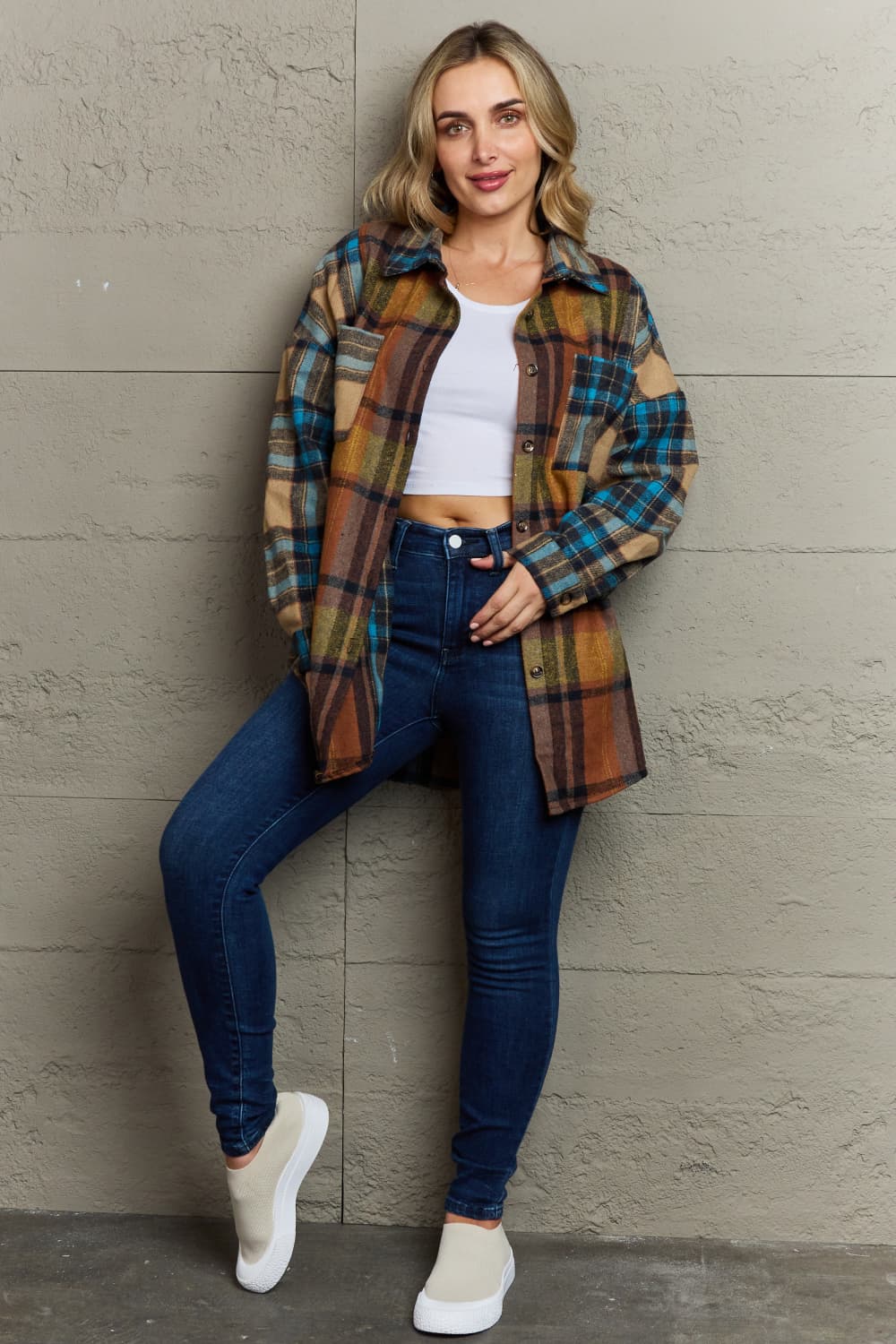 Double Take Plaid Curved Hem Shirt Jacket with Breast Pockets