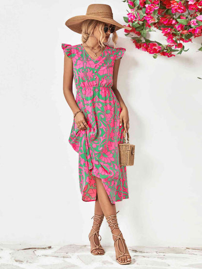 Floral V-Neck Cap Sleeve Dress