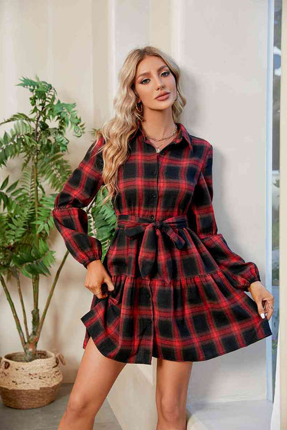 Plaid Print Tie Waist Collared Neck Shirt Dress