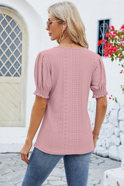 Eyelet Square Neck Short Sleeve T-Shirt